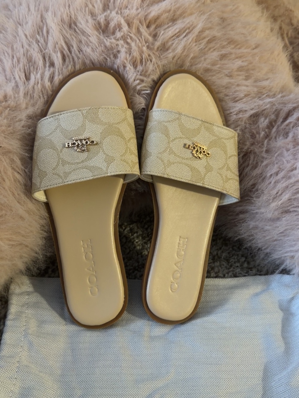 Coach Neutral Signature Slide Sandals with Gold Hardware